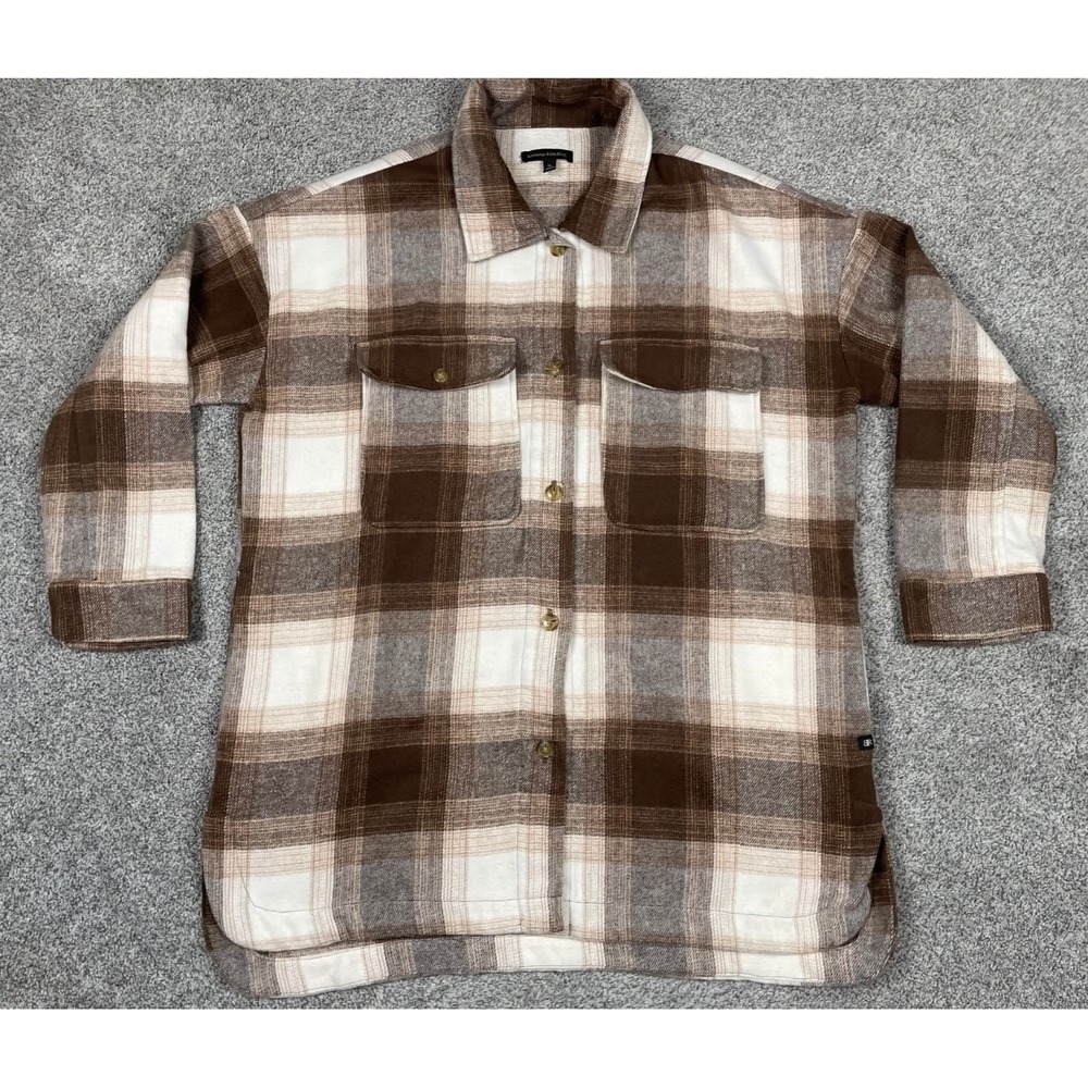 Banana Republic Coat Womens XL Brown Plaid Shacket Button Down Fleece Wool Blend